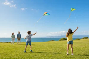 custom kites flying at a beach event