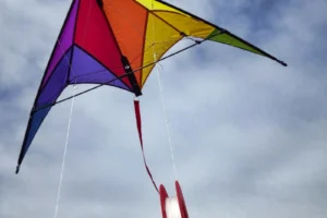 Real colorful kite with flying line and reel detail