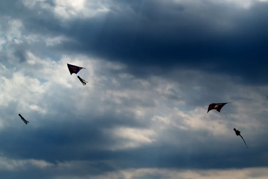 Several real kites flying beneath dramatic clouds